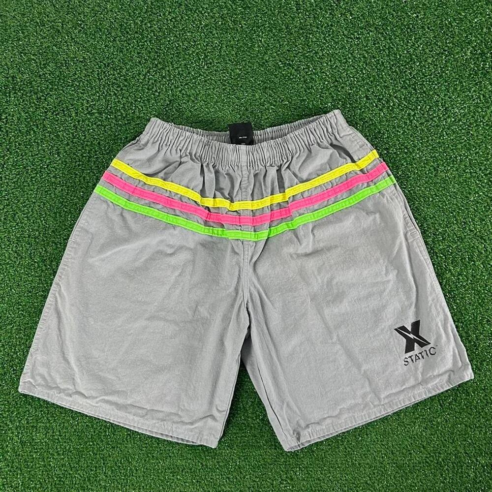 Vintage 80s 90s X-Static Grey Striped Cotton Surf Shorts